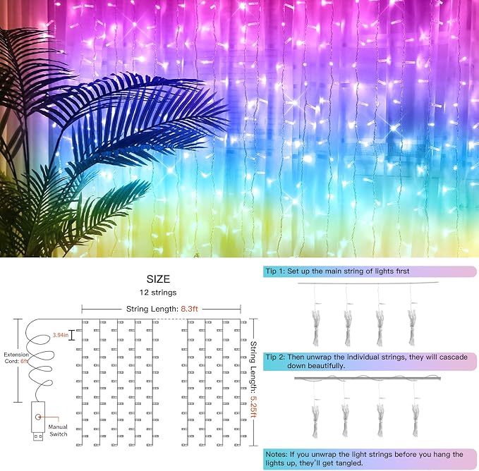 Curtain Lights for Bedroom, 192 Led 8.3ft x 5.25ft Hanging String Lights Outdoor - Image 5