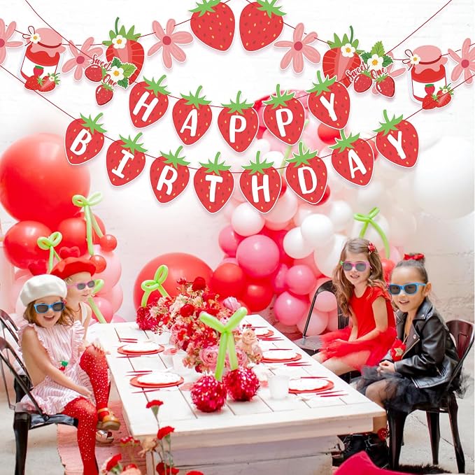 SUNBEAUTY Strawberry Happy Birthday Banner, Berry Sweet Red Fruit Party Hanging - Image 4