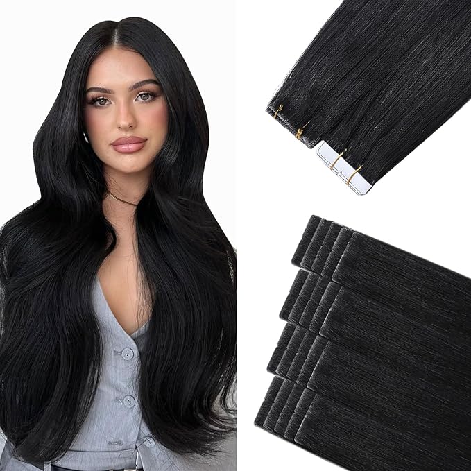 Sindra Invisi Edge Tape in Human Hair Extensions, Jet Black Invisible Seamless Hair Tape in Extensions 18 Inch 20pcs 50g/pack