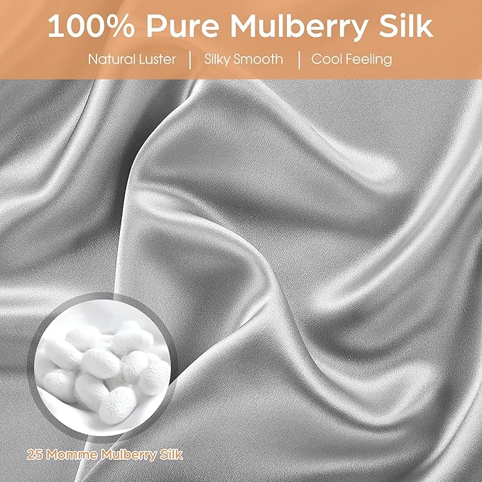 Silk Pillowcase for Hair and Skin, 2 Pack 100% Mulberry Silk Pillowcase 25 Momme, 600 Thread Count, Both Side Pure Silk Pillow Cover with Hidden Zipper (Gray, Queen 20''×30'')