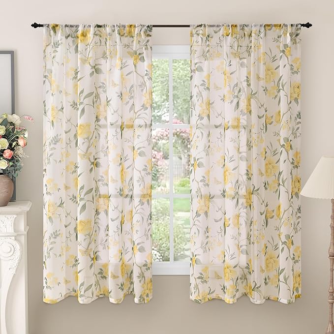 Floral Sheer Curtains for Bedroom Window 63 Inch Length 2 Panels, Farmhouse by Lajode