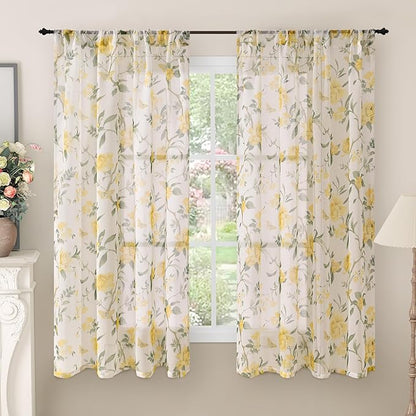 Floral Sheer Curtains for Bedroom Window 63 Inch Length 2 Panels, Farmhouse by Lajode