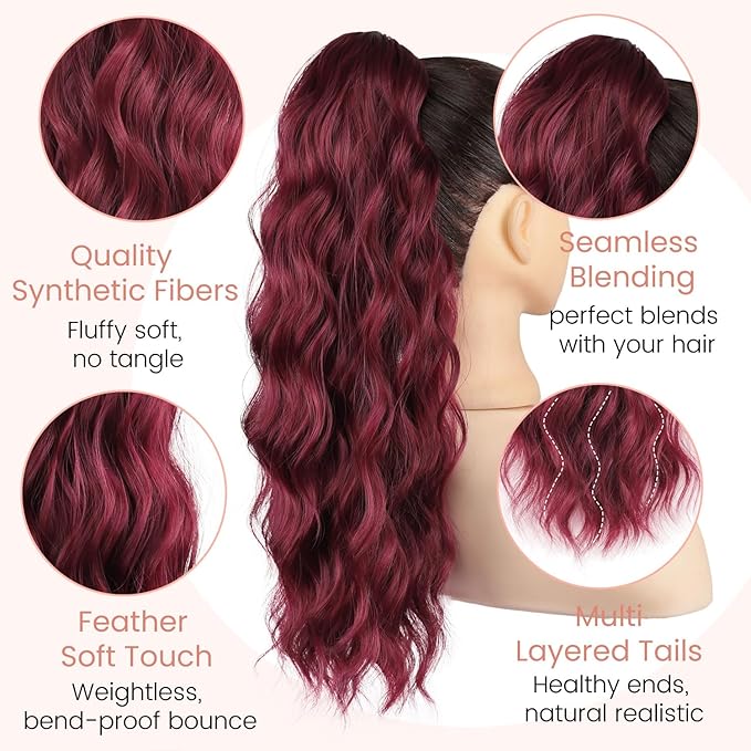 Ponytail Extension, 18 Inch Claw Clip Ponytail Extensions Wavy Ponytail Hair Extension for Women Fluffy Natural Synthetic Jaw Clip on Pony Tails Hairpiece for Daily Use (Wine Red)