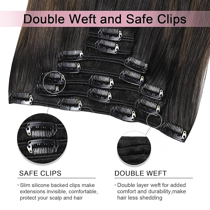 Pro2.0 Clip in Hair Extensions Real Human Hair 120g Thick 7pcs #1b/4/27 Natural Black to Chocolate Brown and Caramel Blonde Remy Real Human Hair Extensions Clip ins 14inch（#1b/4/27-14inch）