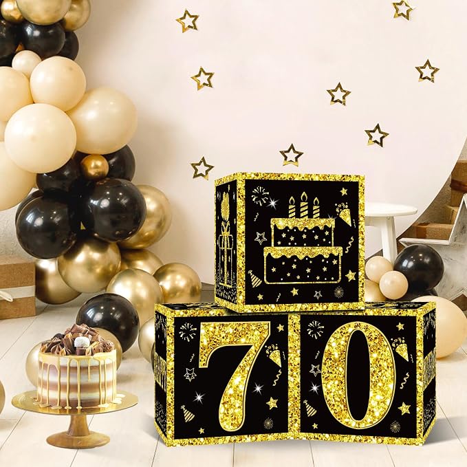 Eiurteao 3pcs Black Gold 70th Birthday Decorations Boxes - Image 2