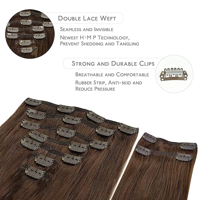 WENNALIFE Clip in Hair Extensions, 150g 16 Inch 9pcs Chocolate Brown Human Hair Extensions Thicker Clip in Hair Extensions Real Human Hair Clip Set Double Weft