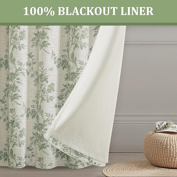 Sage Green Boho Floral 100% Blackout Curtains 63 Inch 2 Panels | Farmhouse - Image 3