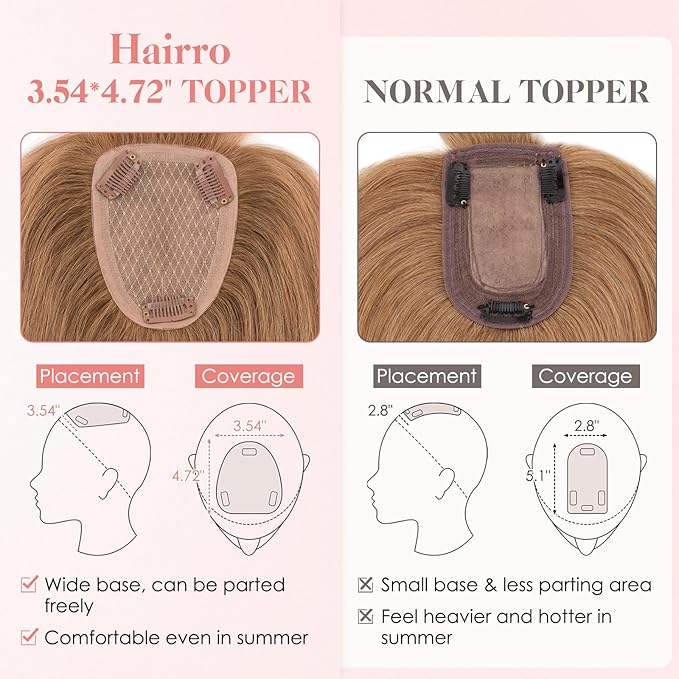 Hairro Human Hair Toppers with Wispy Bangs, 3.5x4.7" Hand-wovened Base for Women with Thinning Hair, Lightweight & Breathable Realistic Scalp, Clip-in Hairpieces for Easy Wear, 16 Inch Blondish Brown