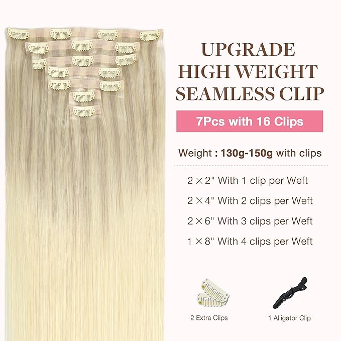 GOO GOO Clip in Hair Extensions Real Human Hair, Remy Human Hair Extensions Clip ins for Women, Natural Human Hair, 16inch 130g 7Pcs, 17/22/60 Balayage Ash Blonde to Platinum Blonde