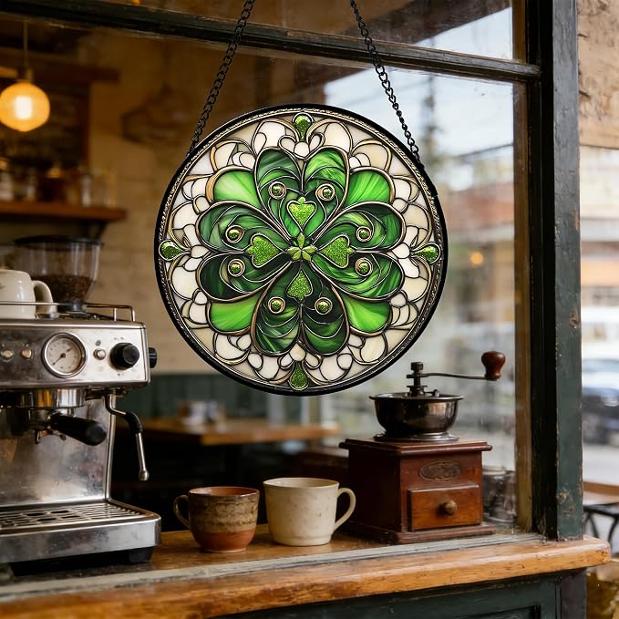 DASTOLL Stained Glass Window Hanging St. Ripak Festival Green Lucky Clover 6.3" - Image 6