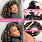 3 In 1 Half Wig Human Hair Afro Kinky Curly Wig Balayage Highlight Ombre Brown 250% Density Glueless Wigs Human Hair Comfortable Fit No Glue Needed Wear & Go Seamless Clip In Wigs 20 Inch
