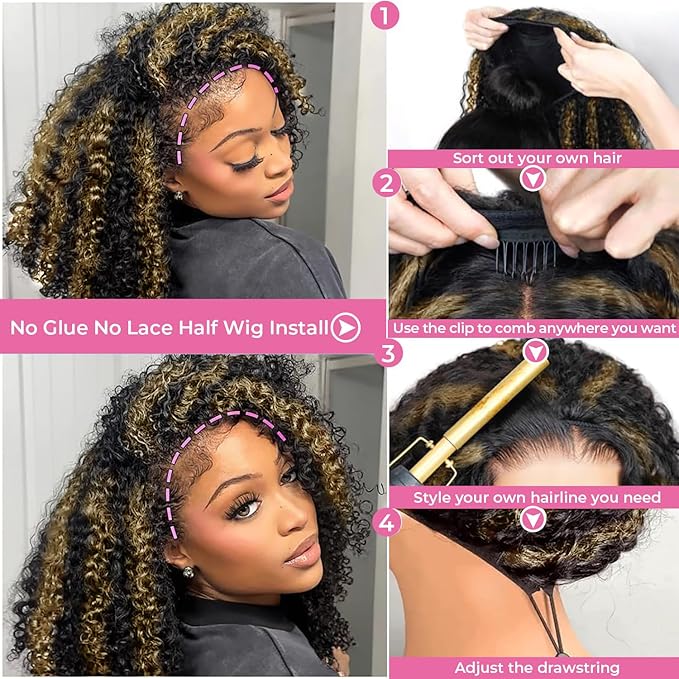 Half Wig Human Hair 3 In 1 Kinky Curly Wig Glueless Balayage Highlight Ombre Brown 250% Density Wear Go Half Wig for Women Drawstring Seamless Flip Headband Wig Beginner Friendly 16 Inch