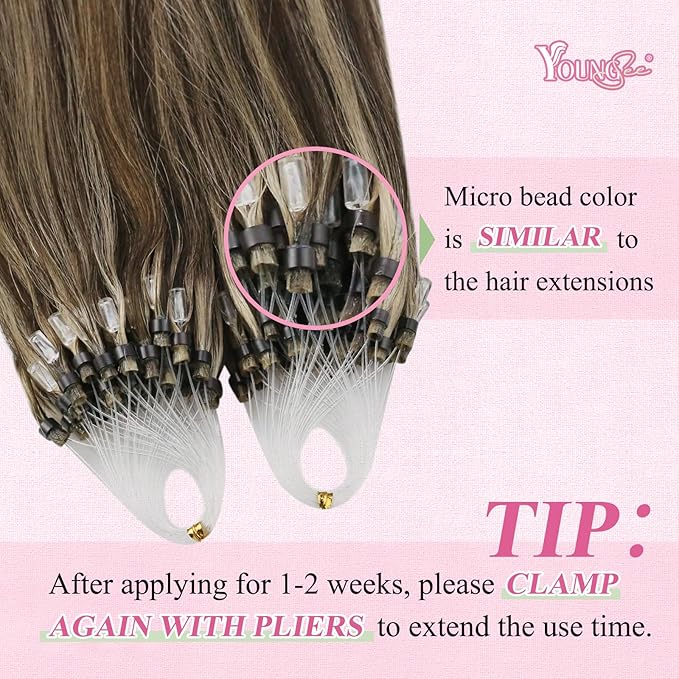 YoungSee Micro Link Hair Extensions Human Hair Highlight Micro Loop Hair Extensions Real Human Hair Dark Brown Highlighted Blonde Invisible Beaded Hair Extension Long Hair 24In for Wedding 50g 50s