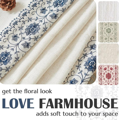 jinchan Floral Linen Curtains Embroidered Back Tab 50x63in 2 Panels Blue | - Image 5