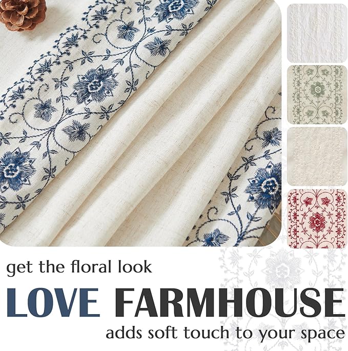 jinchan Floral Linen Curtains Embroidered Back Tab 50x84in 2 Panels Blue | - Image 5
