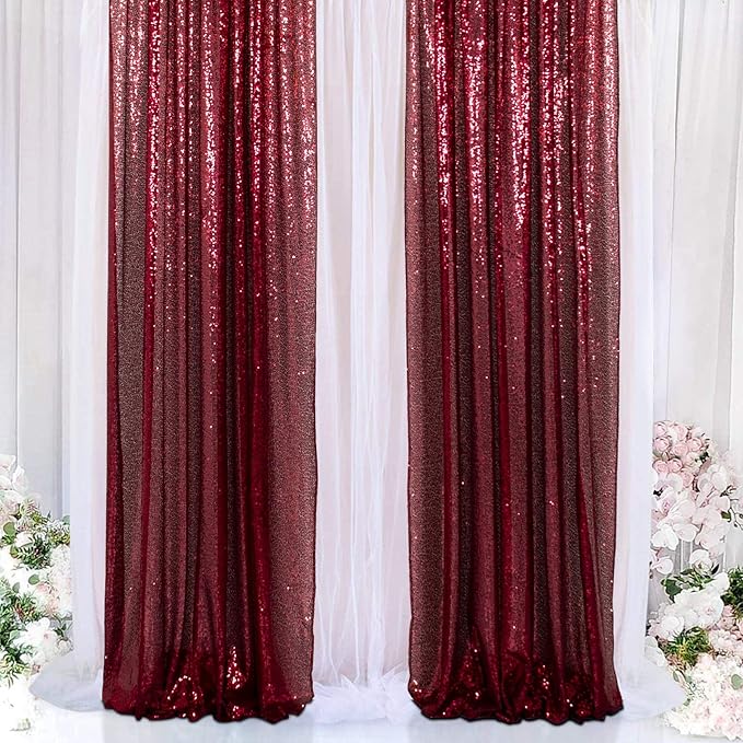ShinyBeauty Burgundy Sequin Curtain Backdrop 2 Panels 4FTx8FT Wedding Decor - Image 2