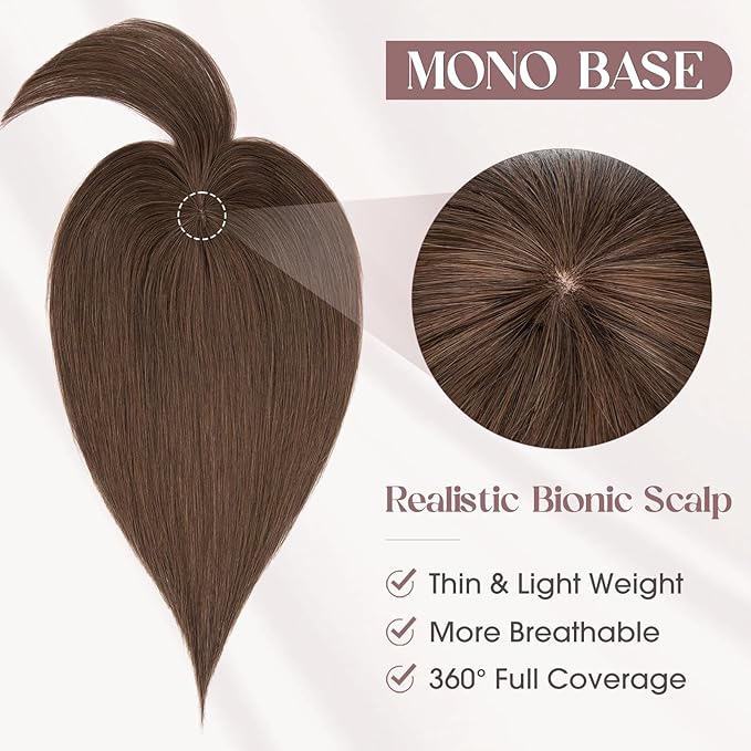 MY-LADY Human Hair Toppers for Women Real Human Hair with Bangs Thin 8.5 * 8.5CM Mono Base Straight Clip in Remy Hairpieces Light Weight 10 Inch Chocolate Brown