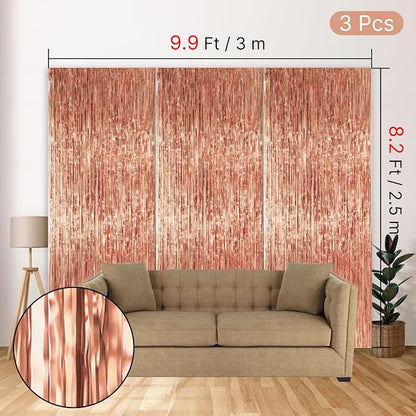 PartyWoo Rose Gold Foil Fringe 8.2FT 3pcs Tinsel Backdrop Streamers | Rose Gold - Image 4