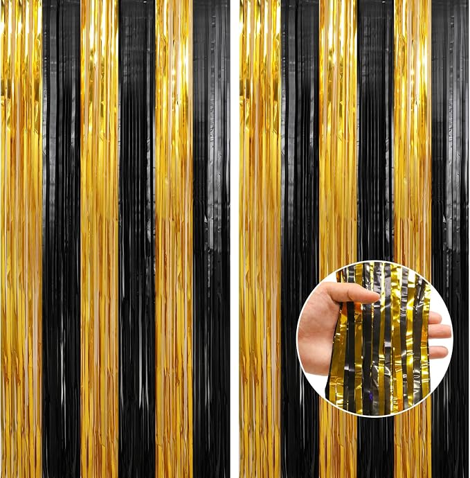 Crosize 2 Pack Gold and Black Party Streamers Backdrop, 3.3 x 9.9 ft | Tinsel by Crosize