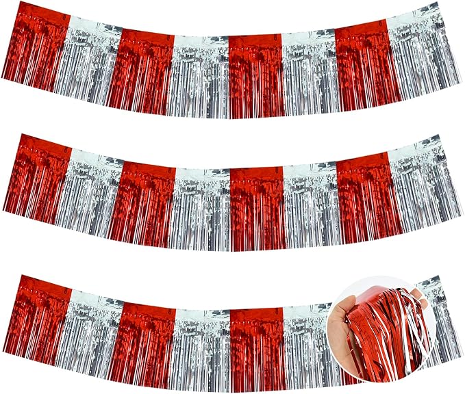 BEISHIDA Red Silver Fringe Garland Banner 30ft Wall Tinsel Foil Streamers | by Beishida