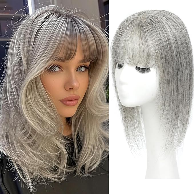 Hair Toppers for Women Real Human Hair, 360° 3D Human Hair Toppers for Women with Thinning Hair Upgrade Middle Part Clip in Bangs (Gray(Big Coverage), 16 Inch-3D-Wispy)