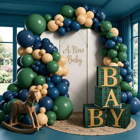 156 Pcs Green Blue Tartan Plaids Bear Baby Shower Decorations | Luxury by Unknown