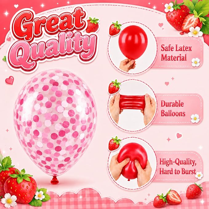 Strawberry Balloons for Sweet Party Decor | 12 Inch Red Pink Strawberry Printed - Image 3