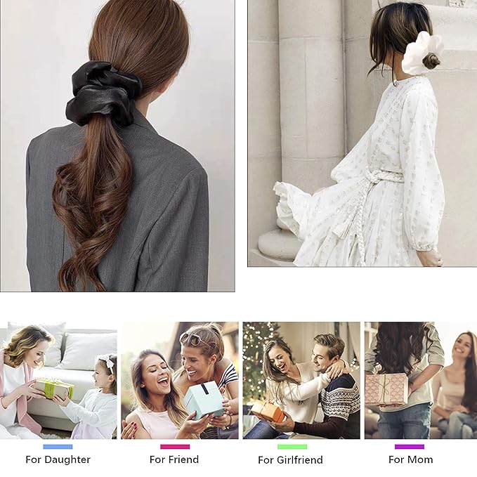 Scrunchies Hair Ties for Women - Big Silk Satin Scrunchie Exra Large Jumbo Gaint Oversized Cute Scrunchy for Curl Thick Hair Ligas Para el Cabello De Mujer Decorations Hair Accessories Gift for Girls