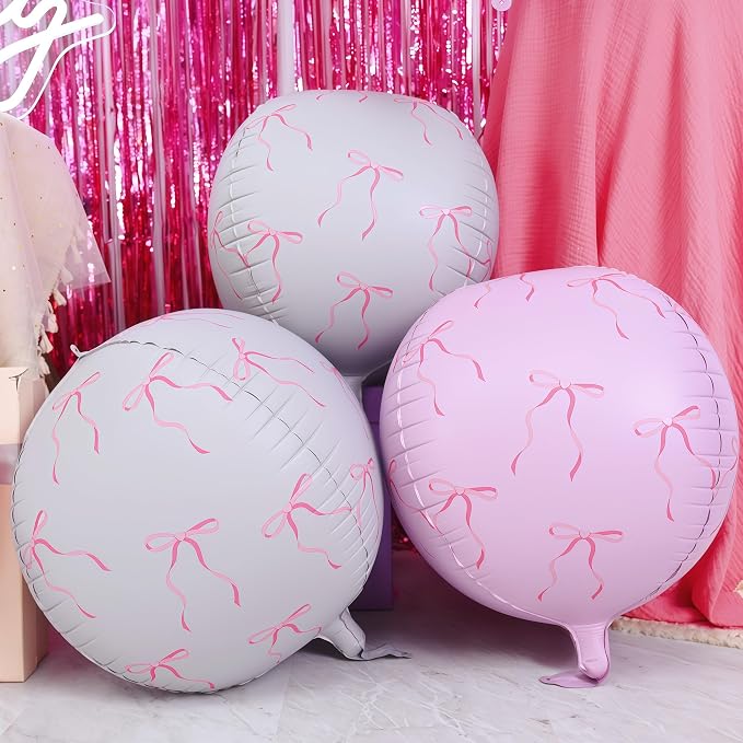 6Pcs Bow Print Round Foil Balloons, - Image 4