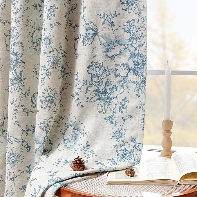 jinchan Blue Floral Linen Blackout Curtains Lined 90 Inch Back Tab 2 Panels | - Image 3
