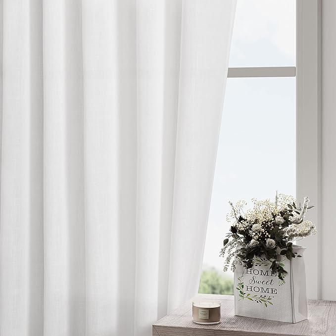 White Linen Curtains 49 Inch Length Back Tab Pocket Semi Sheer Light Filtering - Image 2