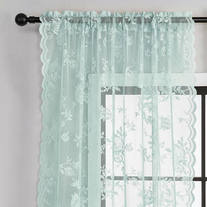 Pastel Turquoise Lace Curtains 63 Inch Length 2 Panels Aqua Floral Sheer - Image 4