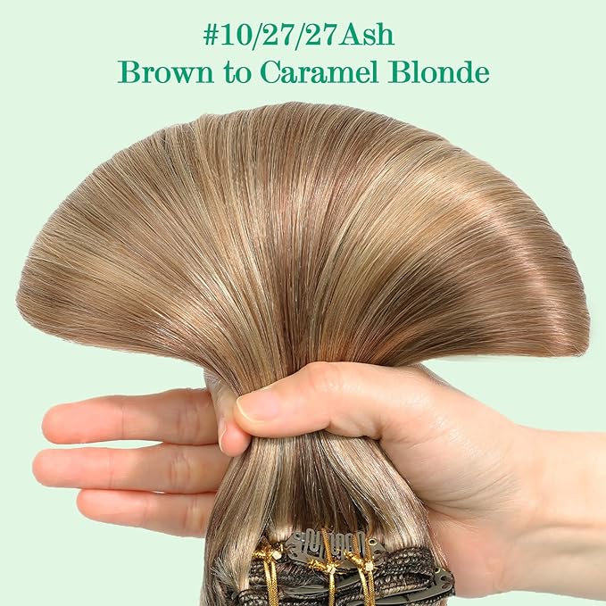 SURNEL Golden Brown to Caramel Blonde Clip in Hair Extensions Real Human Hair 7pcs 16 Inch 140g Clip in Hair Extensions for Women(7C#10/27/27-16")