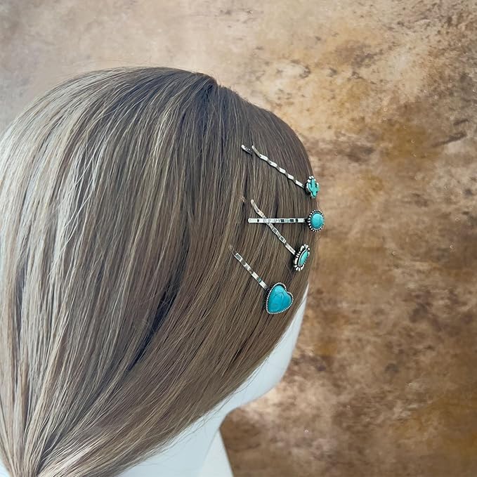 Western Style Hair Bobby Pins 4 Pcs Women's Turquoise Howlite Stone Hair Clip Cowgirl Chic Retro Hair Accessories