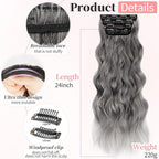 KooKaStyle Clip in Synthetic Hair Extensions Long Wavy 4PCS Thick Hairpieces Grey Sliver Mixed Fiber Double Weft Natural Hair Extensions 24 Inch for Women