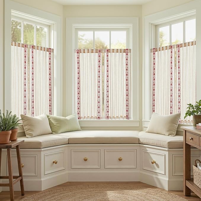 jinchan Red Floral Embroidered Short Linen Curtains 54×54 Inches 2 Panels | - Image 9