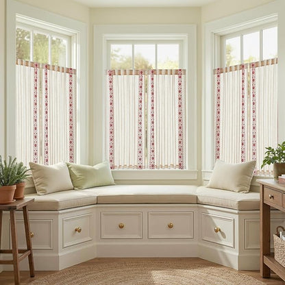 jinchan Red Floral Embroidered Short Linen Curtains 54×54 Inches 2 Panels | - Image 9