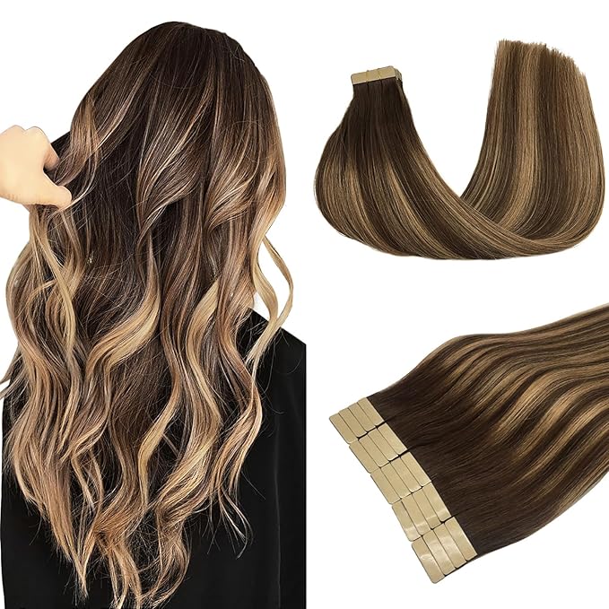 DOORES Tape-in Hair Extensions, Chocolate Brown to Caramel Blonde, 26 Inch, 60g, 20pcs, Long Straight Human Hair
