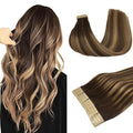 DOORES Tape in Hair Extensions Real Human Hair, Chocolate Brown to Caramel Blonde 10 Inch 30g 20pcs, Hair Extensions Tape ins Straight Remy Hair for Women Skin Weft