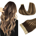 DOORES Tape in Hair Extensions Real Human Hair, Chocolate Brown to Caramel Blonde 10 Inch 30g 20pcs, Hair Extensions Tape ins Straight Remy Hair for Women Skin Weft