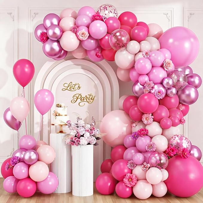 RUBFAC Pink Balloons Garland Arch Kit, Party Balloons Hot Pink Latex Confetti by RUBFAC