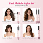 5 in 1 Hair Dryer Brush Set, Hot Air Styler, Detachable Blow Dryer Brush, 3 Heat Settings Auto Curling Wrap Styler, Ionic Hair Styling Tools, Straight Curl Dry Volumiz Smooth (Pink)