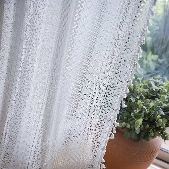 Sutuo Home White Boho Curtains Crochet Lace Semi-Sheer Bohemian Hollow Knitted - Image 6