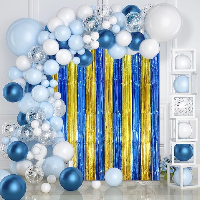 Voircoloria Blue Gold Foil Fringe Backdrop Curtains, 3 Pack | Tinsel Streamers - Image 4