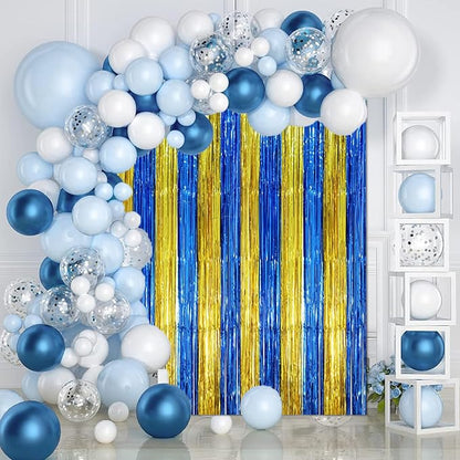 Voircoloria Blue Gold Foil Fringe Backdrop Curtains, 3 Pack | Tinsel Streamers - Image 4
