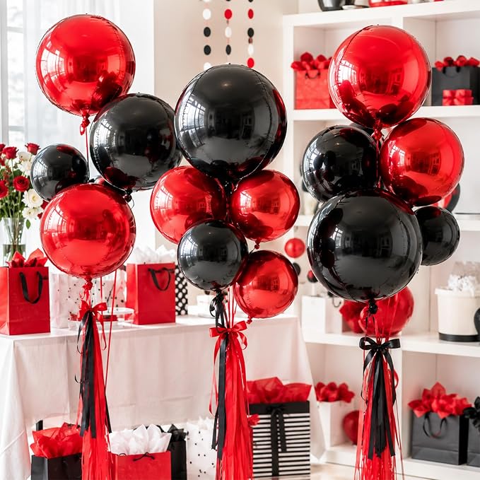 15 Pcs Black and Red Round Foil Balloons, 22/15/10 Inch 4D Ball Balloons Black - Image 5