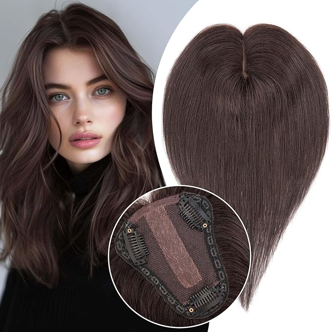 S-noilite Hair Toppers for Women Real Human Hair 3D 360° Cover Clip in 100% Real Human Hair Toppers 3″*4″ Clip in Silk Base 10 inch Natural Dark Brown