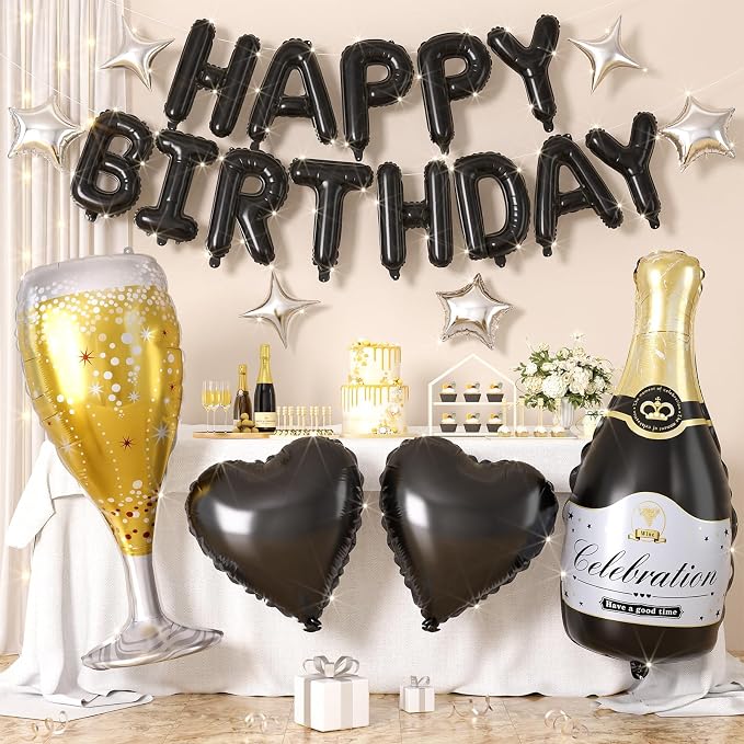 Black Happy Birthday Balloons Banner, Champagne Bottle Glass Balloon by Hapmori