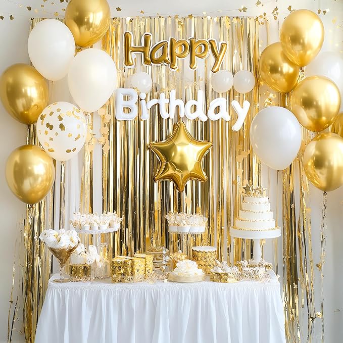 PartyWoo Gold Tinsel Streamers 8.2FT 3pcs Foil Fringe Curtain Backdrop | Gold - Image 3