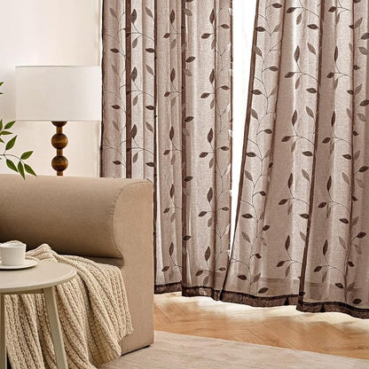 MIULEE Chocolate Brown Sheer Curtains 2 Panels Leaf Patterned, W52 x L63 | - Image 3